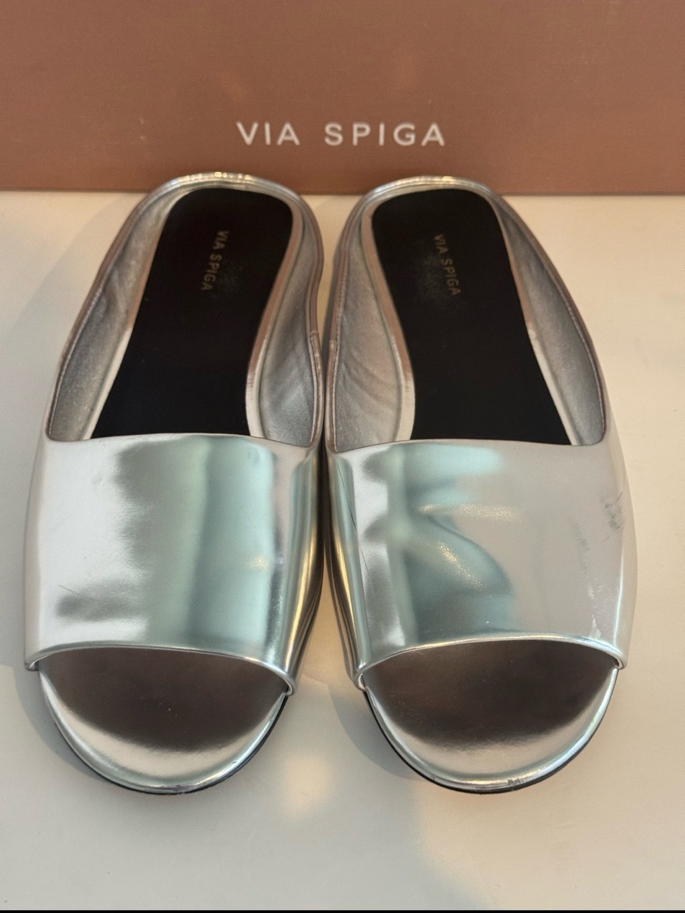 Via Spiga Metallic Patent Slide Silver Sandals Mirror Finish Size 8